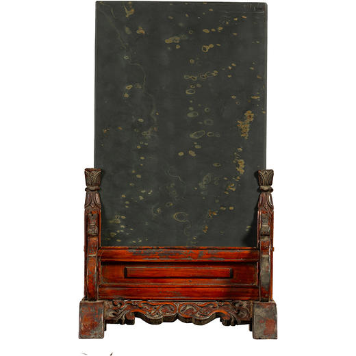 清	木雕朱漆卷草纹边座嵌金星金晕歙砚板插屏 商品图5