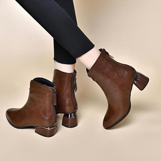 新款真皮小短靴粗跟秋冬季加绒高跟鞋软皮尖头马丁靴女棉皮鞋 商品图2