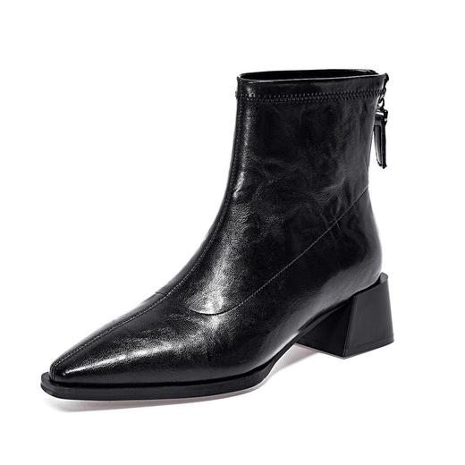 新款春秋季粗跟短靴女真皮高跟踝靴秋冬加绒女鞋方头中跟皮鞋 商品图4