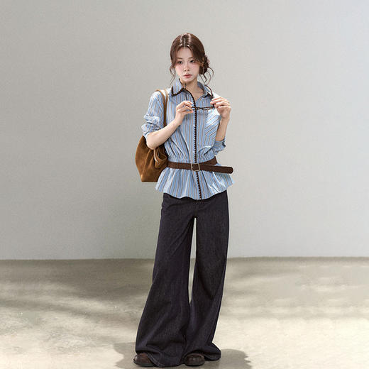 西遇独特花边条纹蓝色衬衫女2026年春季新款韩系chic宽松衬衣SS060070 商品图1