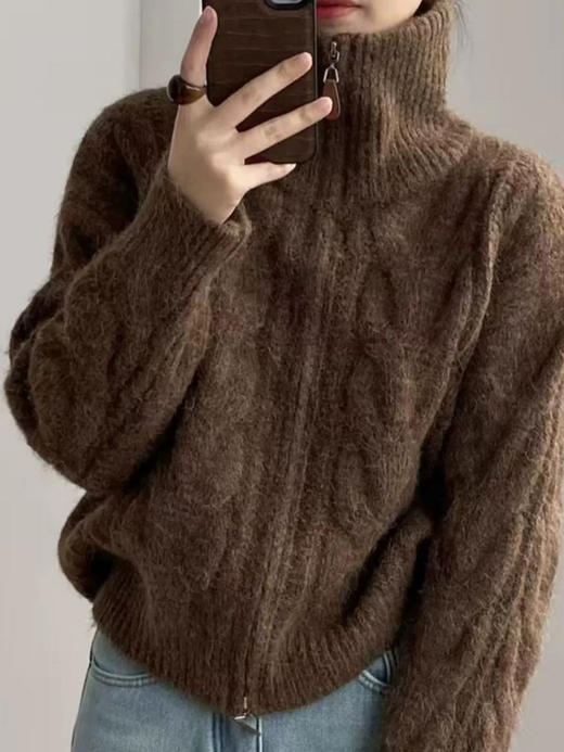 【百图lulu定制】【板栗羊绒外套】羊毛羊绒混纺  绞花  双头拉链 衣领可翻折可立领 羊绒开衫 商品图4