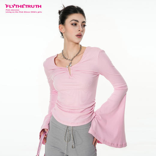 FTT Flythetruth绯红梦境 纯欲珍珠环喇叭袖打底衫女早秋长袖上衣 商品图0