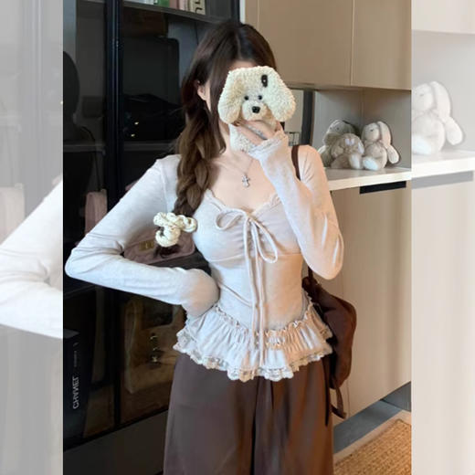 西遇掐腰修身长袖T恤女2026年春季新款芭蕾风蕾丝拼接内搭打底衫SS060063 商品图2