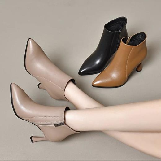 尖头小短靴女中跟软底春秋单靴新款秋冬季真皮踝靴加绒高跟鞋 商品图1