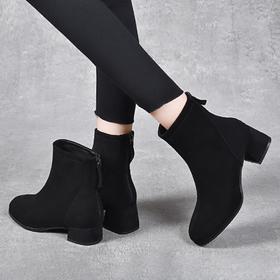 瘦瘦靴中跟磨砂短靴冬季加绒弹力中筒方头粗跟5厘米高跟裸靴踝靴
