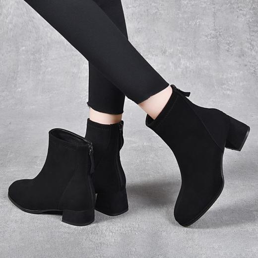 瘦瘦靴中跟磨砂短靴冬季加绒弹力中筒方头粗跟5厘米高跟裸靴踝靴 商品图0