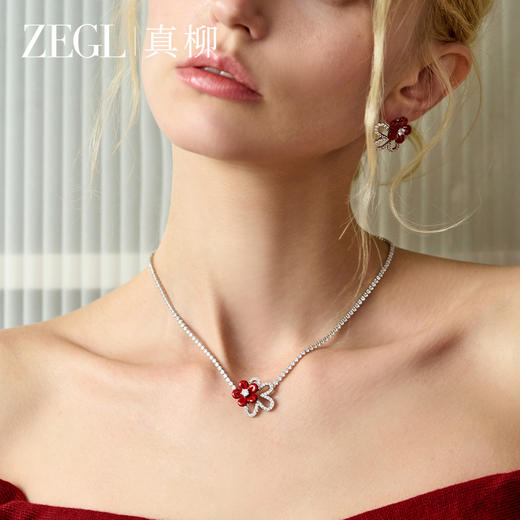 ZEGL红色花朵项链女轻奢小众高级感锆石锁骨链气质颈链秋冬配饰品 商品图2