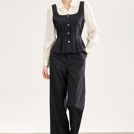 「高货wl」全新升级【铂金会员395/天猫529/差价134】(99850)洛诗琳法式轻熟风假两件撞色收腰上衣高腰直筒裤两件套 商品图2