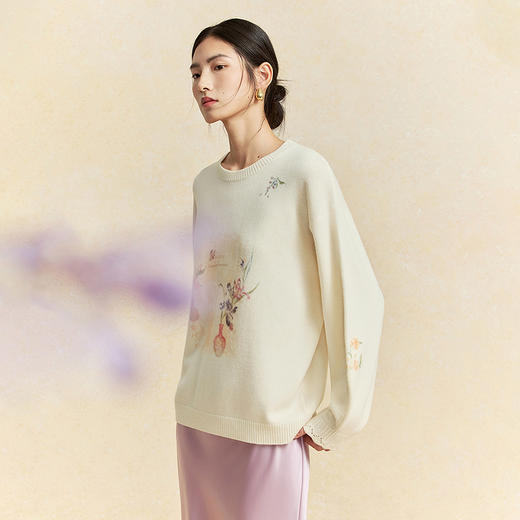 【林栖设计小店】宋瓷雅画|绵羊毛印花米白宽松新中式2026春新款毛织上衣1961049 商品图9