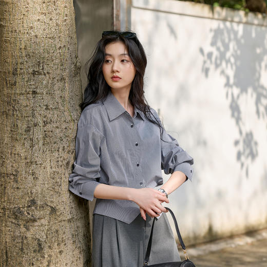 三彩2026春季新款长袖翻领格纹衬衫复古衬衣气质上衣收腰显瘦S 商品图2