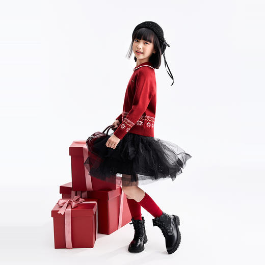 【新潮翻领提花毛衣】女童新年红保暖锁温含羊毛纤维细腻毛衣春季新款安奈儿童装EG614693 商品图5
