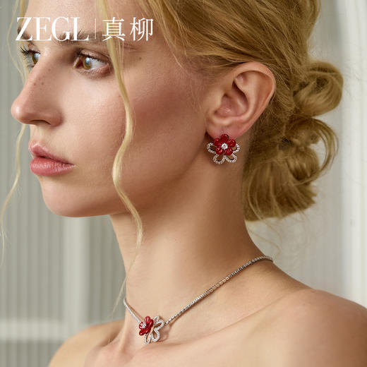 ZEGL日韩安可拉红花瓣耳钉女S925银针气质耳环独特轻奢红色耳饰 商品图2