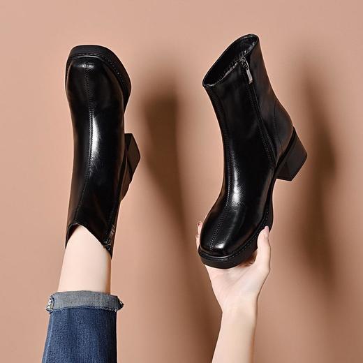 真皮方头粗跟短靴女厚底2024新款秋冬季保暖羊毛马丁靴加绒棉皮鞋 商品图2