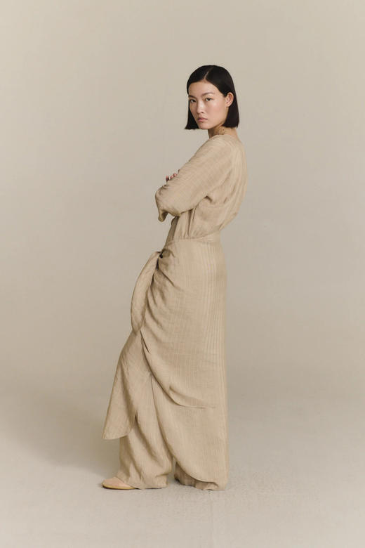 Cortana 26PS 米色亚麻提花条纹eloise围裹式连衣裙 商品图9