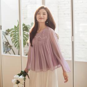 【林栖设计小店】手工绣花|桑蚕丝捏褶钉珠宽松淡紫仙气2026春新款真丝衫1961198