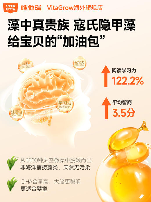 VITA Grow 藻油DHA软胶囊 60粒/瓶 金标级别窛氏隐甲藻婴幼儿低EPA 孩子脑力大开 激发无限潜能 商品图5