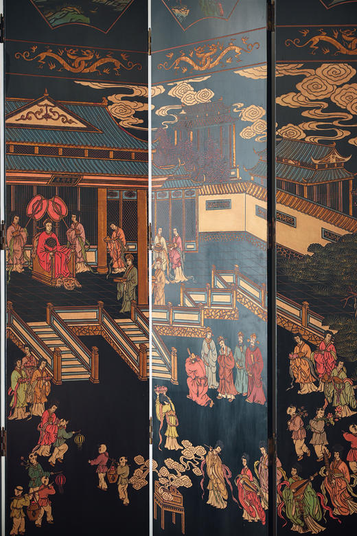 【已售】独角鹿西洋古董20世纪中国出品官邸人物与奇石花鸟主题黑漆地款彩双面八曲屏风 商品图5