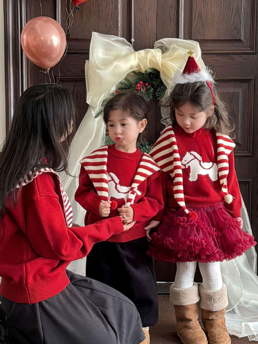 【柔软舒适保暖❗️可爱小马图案】2026马年新年春节姐弟毛衣冬装新款男女童马上有钱红色新年兄妹红色针织上衣潮。jc 商品图1