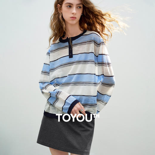 初语竹节麻针织衫女2026春季新款美式运动条纹宽松圆领轻薄上衣 商品图0