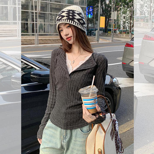 西遇假两件拼接长袖T恤女2026年春季新款v领收腰蕾丝内搭打底衫SS060064 商品图0