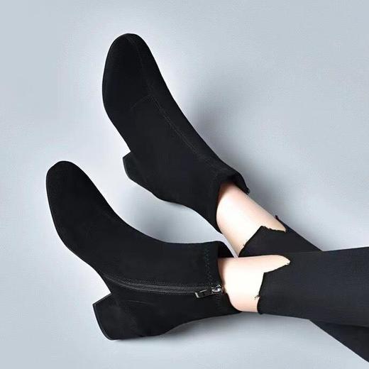 羊皮小短靴瘦瘦靴女秋冬新款裸靴粗跟圆头绒面真皮磨砂单靴 商品图3