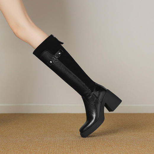 【预售5天】软厚底时装靴真皮圆头骑士靴女棕色百搭粗跟长筒靴CFE&C6500 商品图3