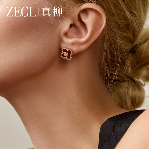 ZEGL天然红玛瑙四叶草耳钉女气质红色耳环925银针高级感新年耳饰 商品图3