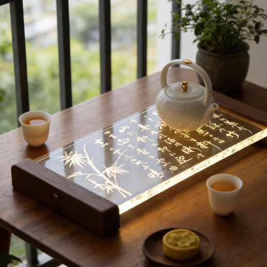 新中式两用屏风发光茶盘 ， 会发光的茶盘！暖灯漫染，雅致温馨，美好寓意新年礼！ 马到成功/竹报平安 商品图2