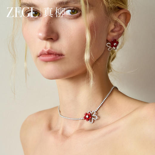 ZEGL红色花朵项链女轻奢小众高级感锆石锁骨链气质颈链秋冬配饰品 商品图4