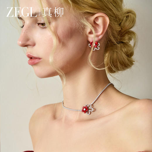 ZEGL红色花朵项链女轻奢小众高级感锆石锁骨链气质颈链秋冬配饰品 商品图0
