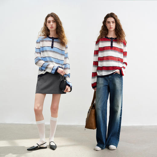 初语竹节麻针织衫女2026春季新款美式运动条纹宽松圆领轻薄上衣 商品图4