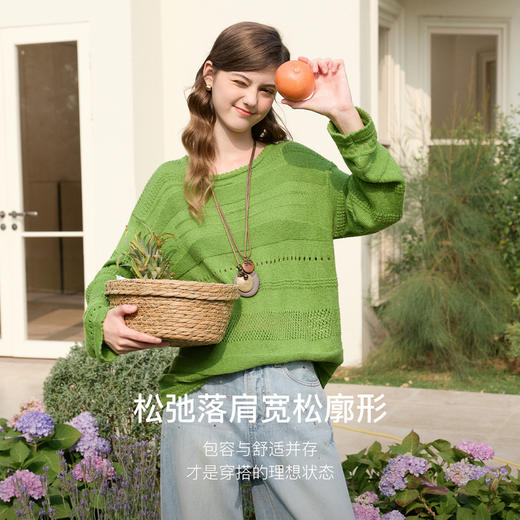 三彩独醒2026春季新款镂空提花针织衫圆领毛衫宽松长袖套头罩衫F 商品图2