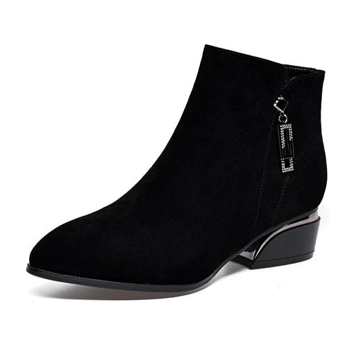 秋冬新款尖头粗跟绒面短筒时装靴子女网红成熟时尚休闲高跟女靴子 商品图4