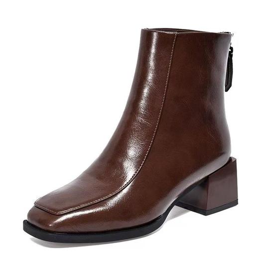 复古粗跟短靴女法式方头中跟显瘦弹力瘦瘦靴英伦风舒适棕色裸靴女 商品图4