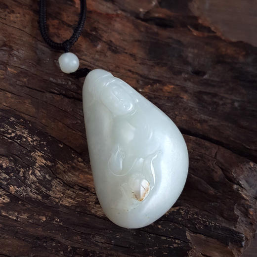 【天然正品】天然新疆籽料细腻一级白油润度佳观音持莲（平安安乐）和田玉吊坠项链53.5*36.5*17.4MM（皆取最大值）290925NJM26 商品图4