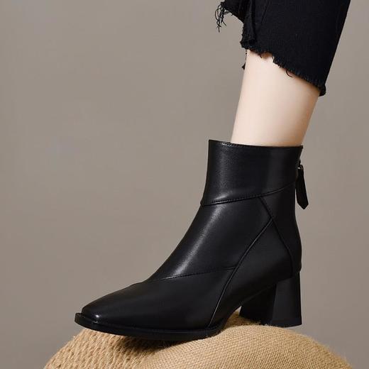 高跟方头短靴女真皮后拉链瘦瘦靴百搭粗跟短筒踝靴加绒高跟时装靴 商品图3