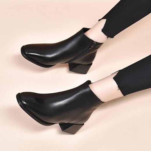 全羊皮尖头短靴女中跟粗跟裸靴春秋单靴冬季女鞋真皮咖啡色侧拉链 商品图2