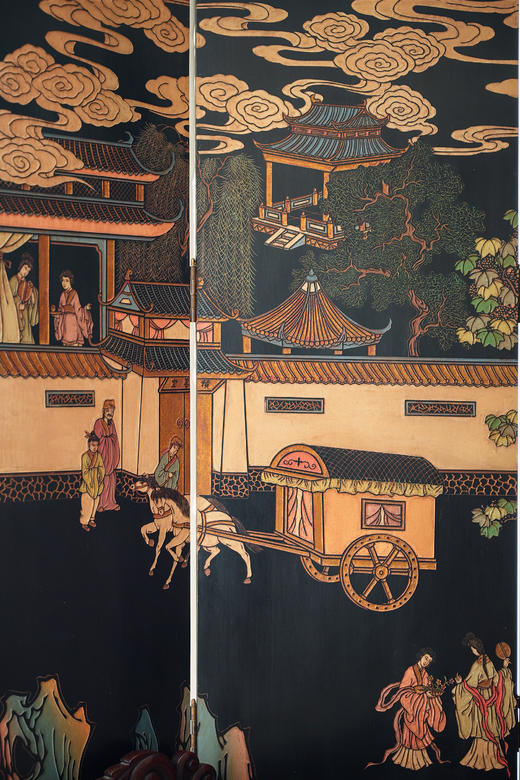 【已售】独角鹿西洋古董20世纪中国出品官邸人物与奇石花鸟主题黑漆地款彩双面八曲屏风 商品图6