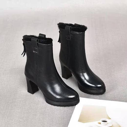 真皮气质中跟小短靴2025年秋冬新款加绒粗跟软底百搭高跟鞋女皮鞋 商品图3