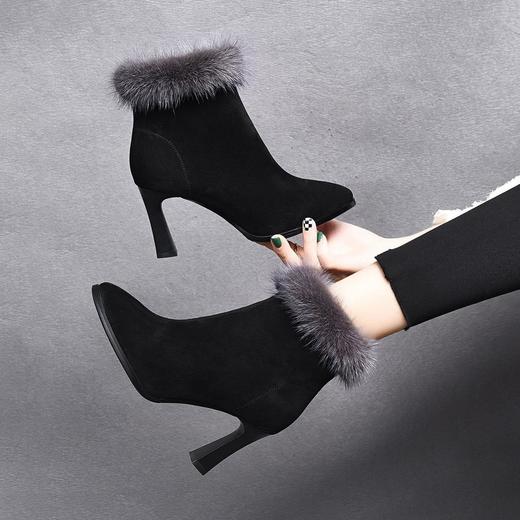 2025年新款秋冬季细跟小跟短靴女气质高跟鞋加绒真皮鞋磨砂女靴子 商品图2