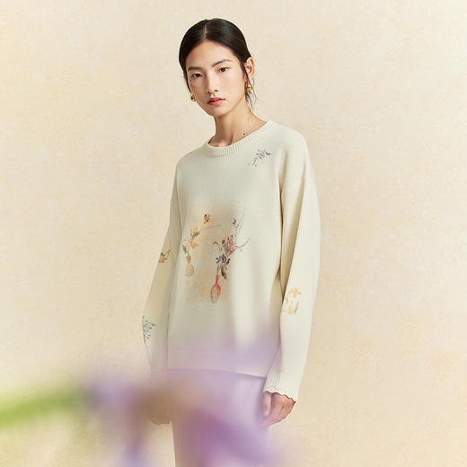 【林栖设计小店】宋瓷雅画|绵羊毛印花米白宽松新中式2026春新款毛织上衣1961049 商品图7