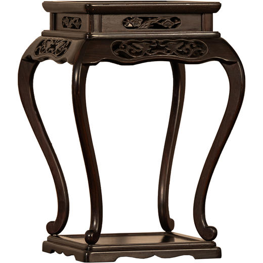 清	红木透雕花卉纹束腰三弯腿带托泥方形花几摆件 商品图5