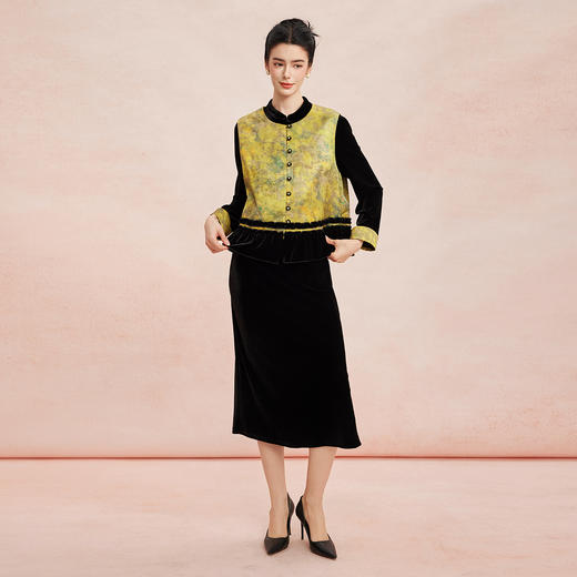 RE803斯尔丽26新款国风金丝绒弹力改良旗袍式连衣裙搭配印花马甲套装 商品图3