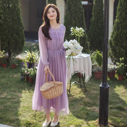 【林栖设计小店】手工绣花|桑蚕丝捏褶钉珠淡紫仙气2026春新款真丝连衣裙1961199 商品图0
