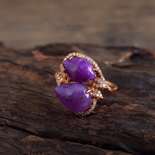 【天然正品】舒俱来AU750玫瑰金镶钻镶天然细腻水滴形紫罗兰蛋面舒俱来戒指15.4*11.7MM（皆取最大值）11号（戒圈可改）090126XY19 商品图4