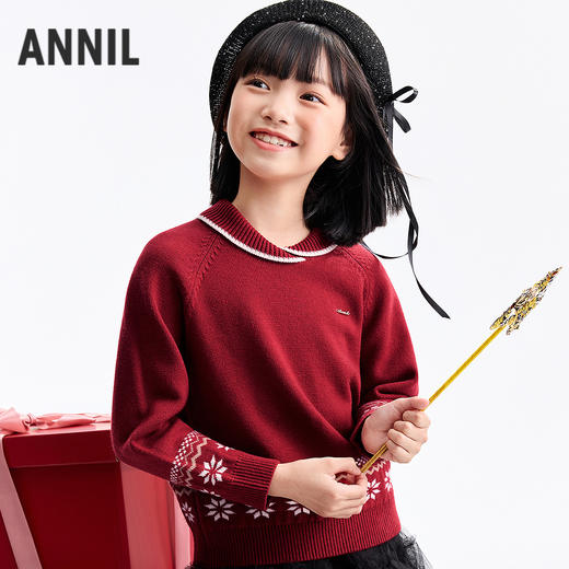 【新潮翻领提花毛衣】女童新年红保暖锁温含羊毛纤维细腻毛衣春季新款安奈儿童装EG614693 商品图0