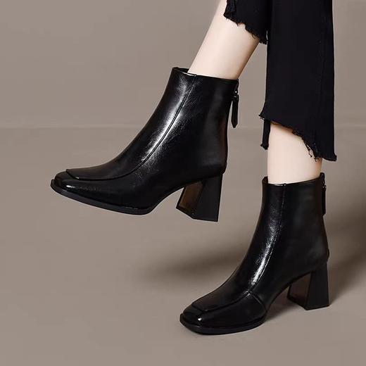 复古粗跟短靴女法式方头中跟显瘦弹力瘦瘦靴英伦风舒适棕色裸靴女 商品图1