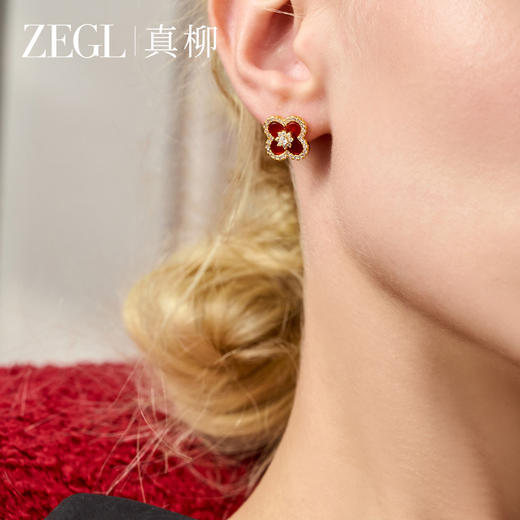ZEGL天然红玛瑙四叶草耳钉女气质红色耳环925银针高级感新年耳饰 商品图1