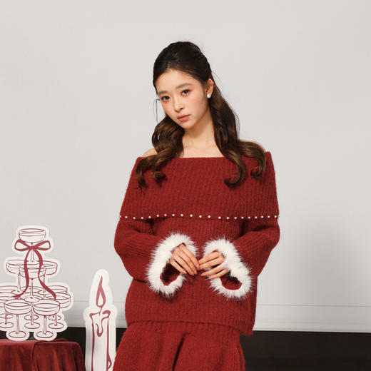 新年一字肩珍珠毛毛毛衣-纪念日百货门店同款168898660 商品图3