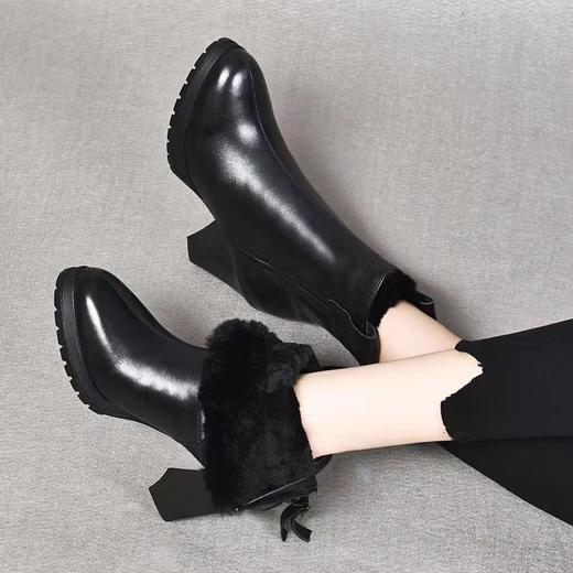 真皮气质中跟小短靴2025年秋冬新款加绒粗跟软底百搭高跟鞋女皮鞋 商品图1